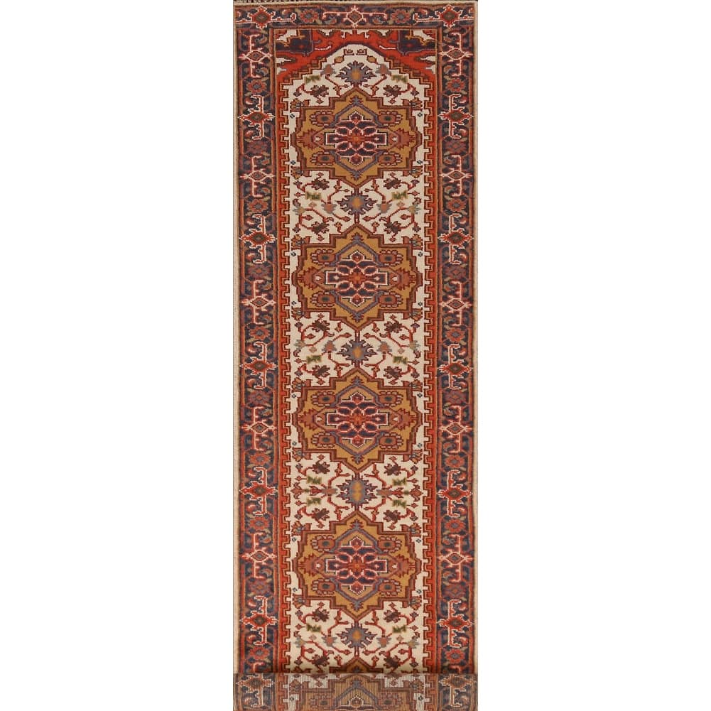 Traditional Heriz Serapi Runner Rug Hand-Knotted Beige Wool Carpet - 2'6" x 14'0"