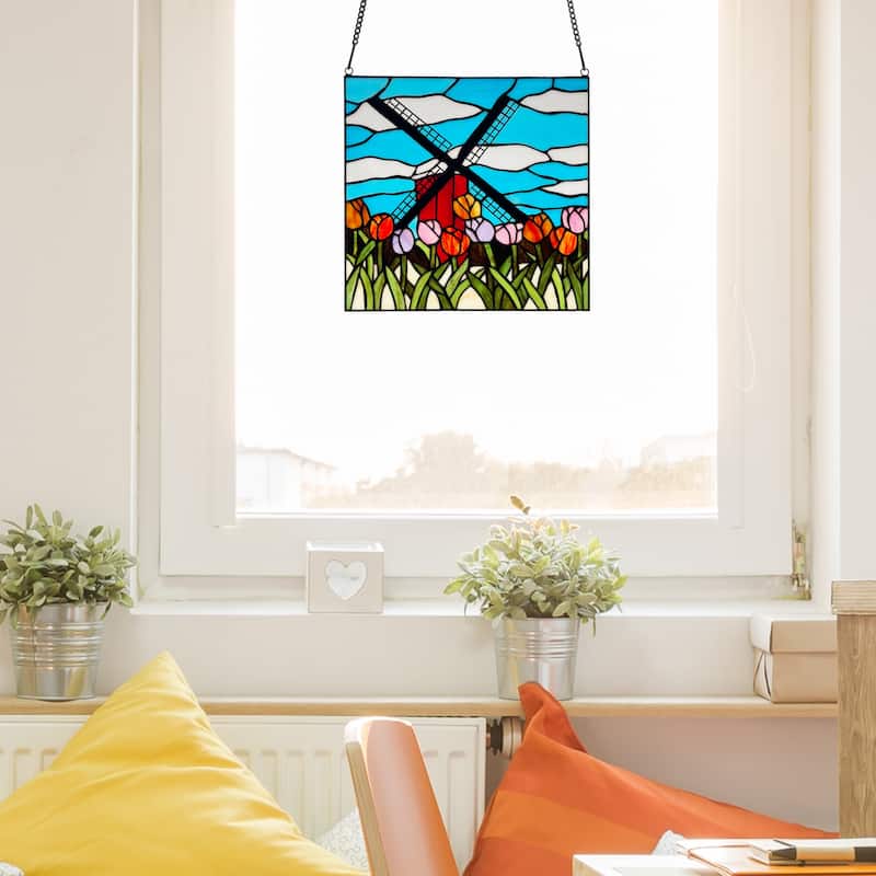 River of Goods Tulip Daydream River of Goods Multicolor Windmill and Floral Window Panel - 14" x 0.25" x 14.5"