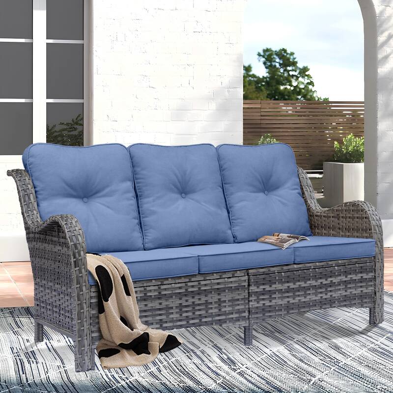 3 Seat Wicker Rattan High Back Curved Outdoor Patio Sofa with Cushions