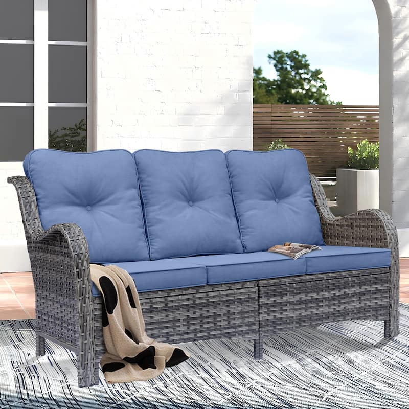 High Back 3-Seat Patio Wicker Couch Curved Outdoor Sofa with Cushions