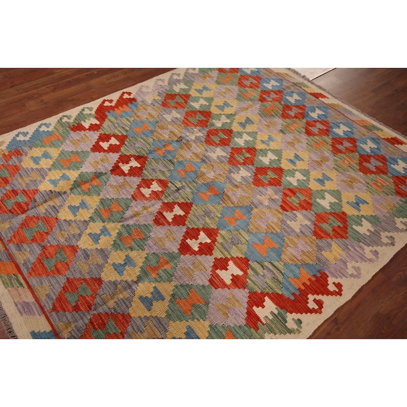 Geometric Kilim Oriental Area Rug Hand-Woven Wool Carpet - 5'2"x 6'6"