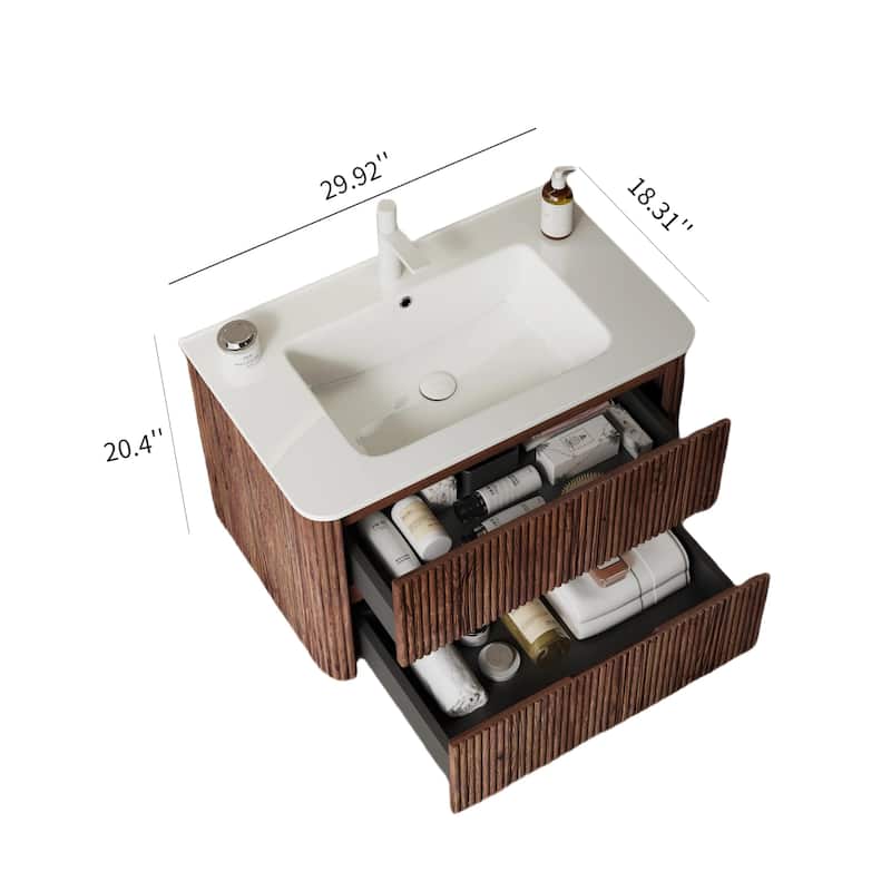 30" Bathroom Vanity with Sink, Modern Wall-Mounted Floating Plywood Bathroom Storage Cabinet with 2 Drawers