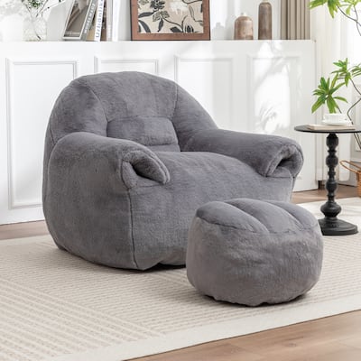 Comfy Bean Bag Sofa With Back Support, With Footstool,Faux Fur Bean Bag Chair For Adults And Kids