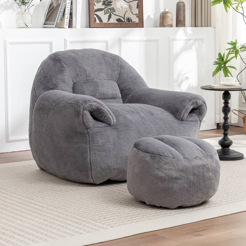 Faux Fur Bean Bag Chair with Back Support & Footstool - Comfy Floor Sofa for Adults & Kids, Living Room, Bedroom (2 Options) - Gray+Footstool