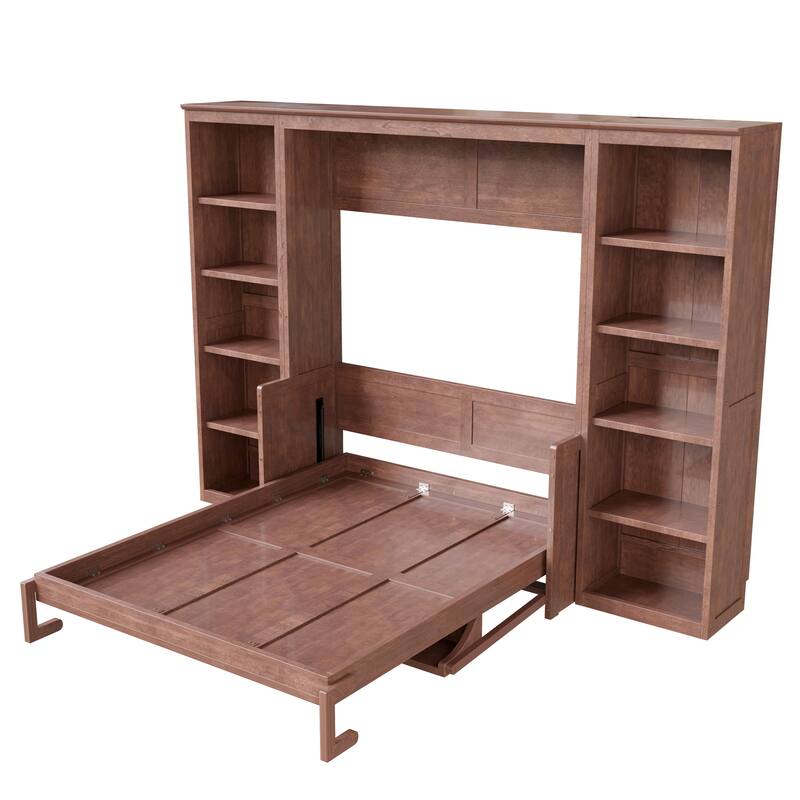 Roomfitters Full/Queen Size Murphy Bed with Desk and Bookshelf Storage, Space Saving, Dark Brown