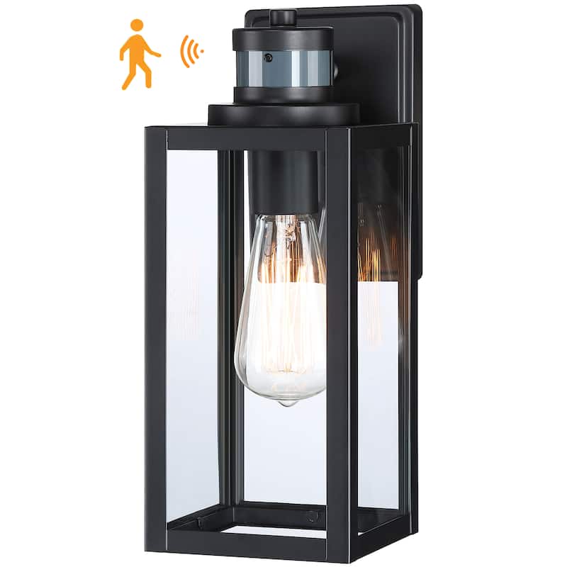 Motion Sensing Outdoor Wall Lantern Sconce with Clear Tempered Glass - 5"Wx6.61"Ex12.64"H