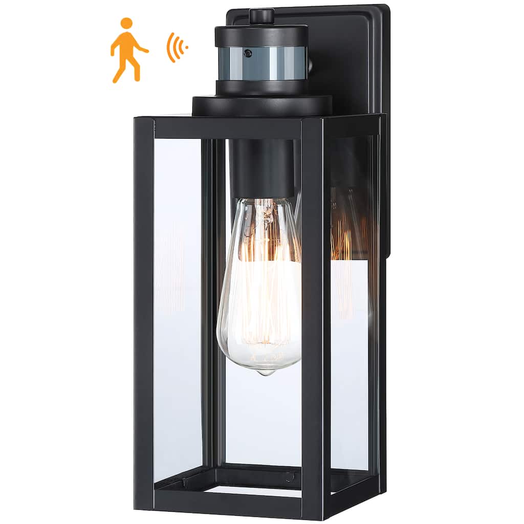 Motion Sensing Outdoor Wall Lantern Sconce with Clear Tempered Glass - 5"Wx6.61"Ex12.64"H