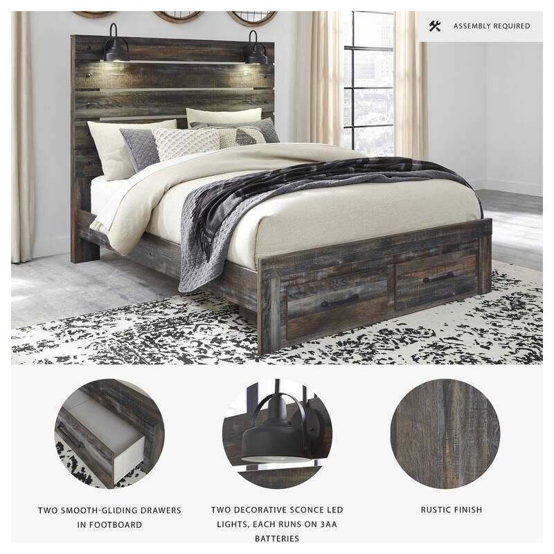 Drystan Rustic Brown Panel Bed with Footboard Storage Drawers