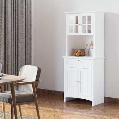 Elegant Buffet with Adjustable Shelves, Kitchen Pantry Storage Cabinet with Framed Glass Door Drawer and Microwave Space