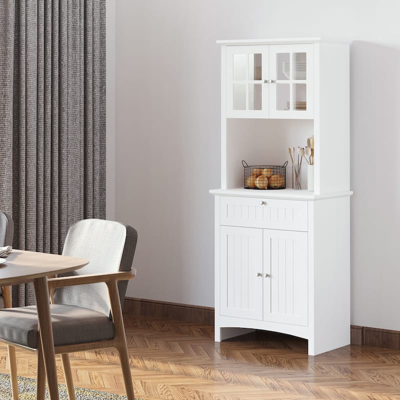 Elegant Buffet with Hutch, Kitchen Pantry Storage Cabinet with Framed Glass Door Drawer and Microwave Space, White