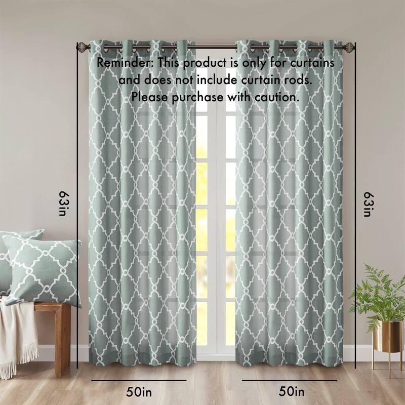 Fretwork Print Grommet Top Window Curtain Panel(Only 1 Pc Panel) - Seafoam+White - 63 Inches