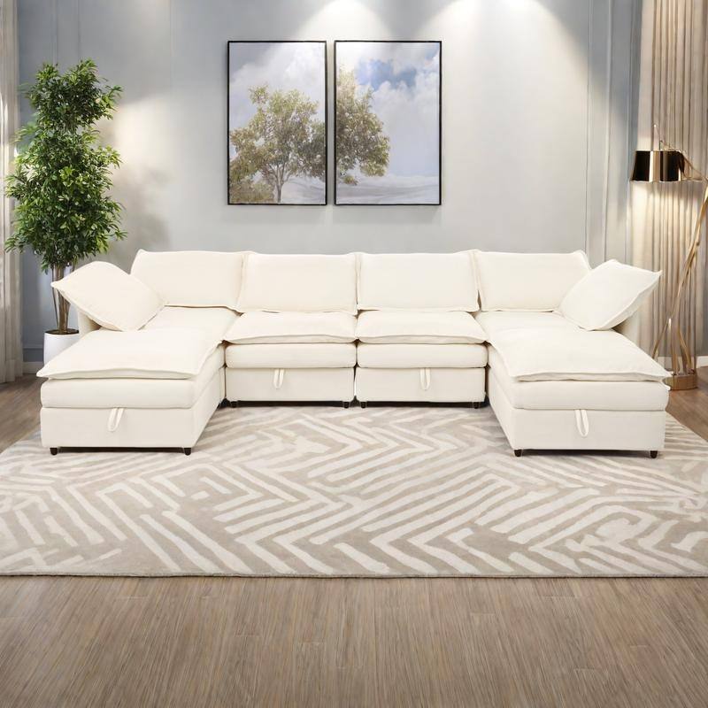 126" 6-Piece Modular Sofa Bed with Storage and Double-Layer Cushions - Beige