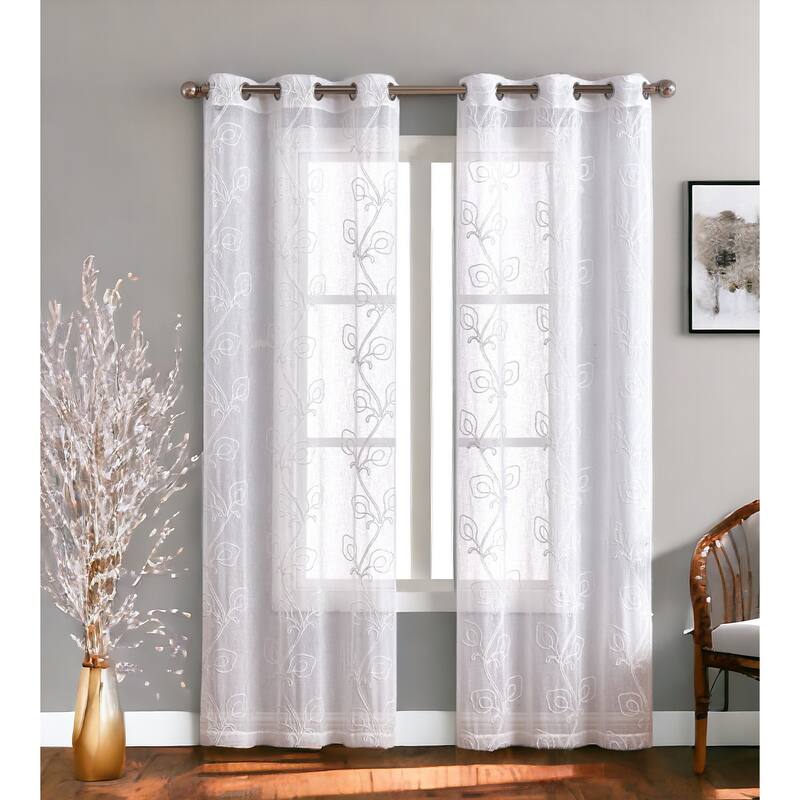 HomeRoots Set of Two 84" White Boho Embroidered Window Panels - 84" x 76"