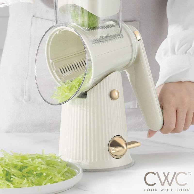 COOK WITH COLOR Rotary Cheese Grater with Handle Counter Suction Base 5 Blade Cheese Shredder Vegetable Chopper and Mandolin