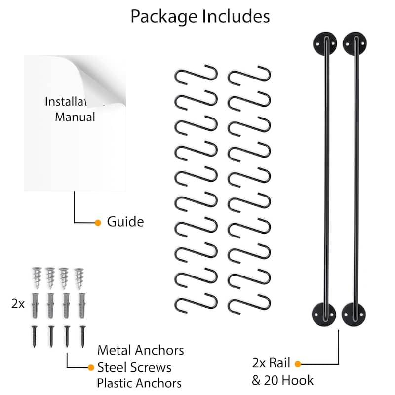 Wallniture Cucina Kitchen Utensil Holder with 20 S Hooks, Pot Racks, Black (Set of 2)