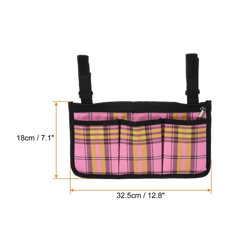Chair Armrest Organizer, 4 Pockets Book Holder with Straps, Blue Grid