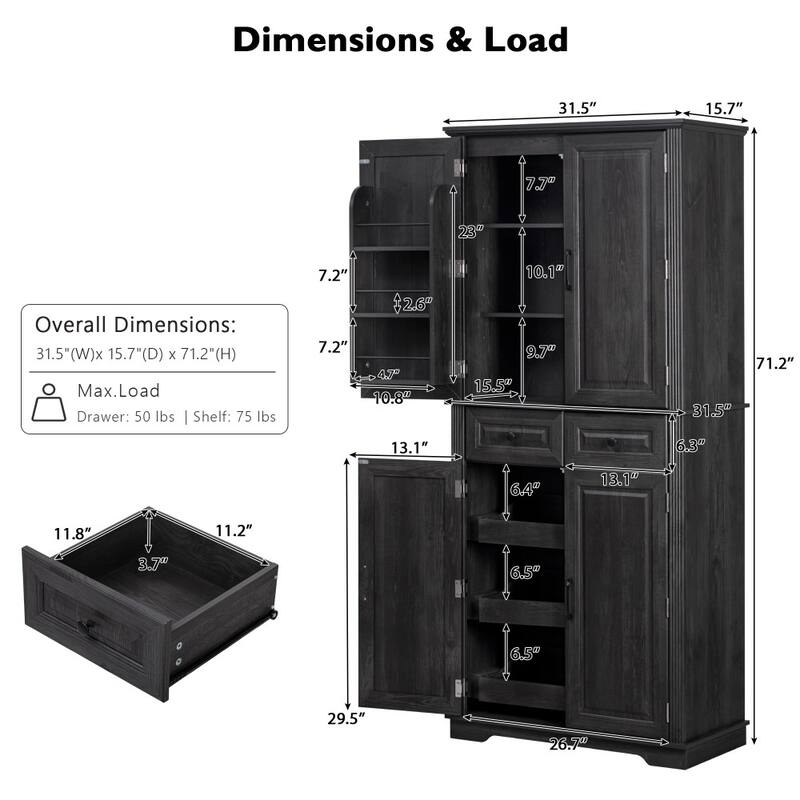 71" Tall Freestanding Kitchen Pantry Cabinet with 3 Pull Out Organizers and 6 Door Shelves