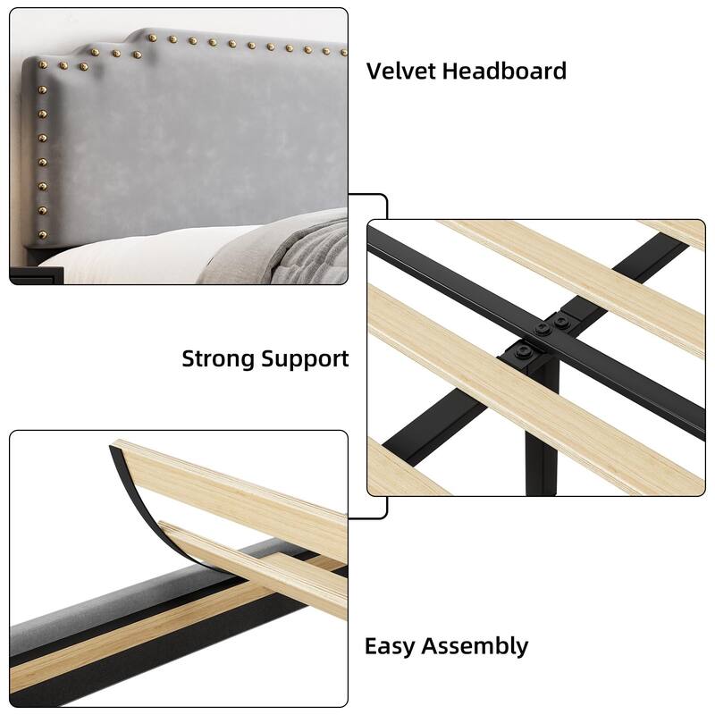 Velvet Upholstered Platform Bed Frame, No Box Spring Needed