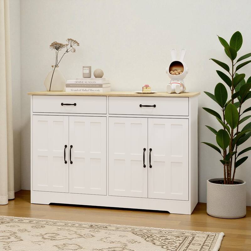 47.95" Farmhouse Buffet Sideboard Cabinet with 2 Drawers and 4 Doors, White Storage Cabinet for Dining Room or Living Room