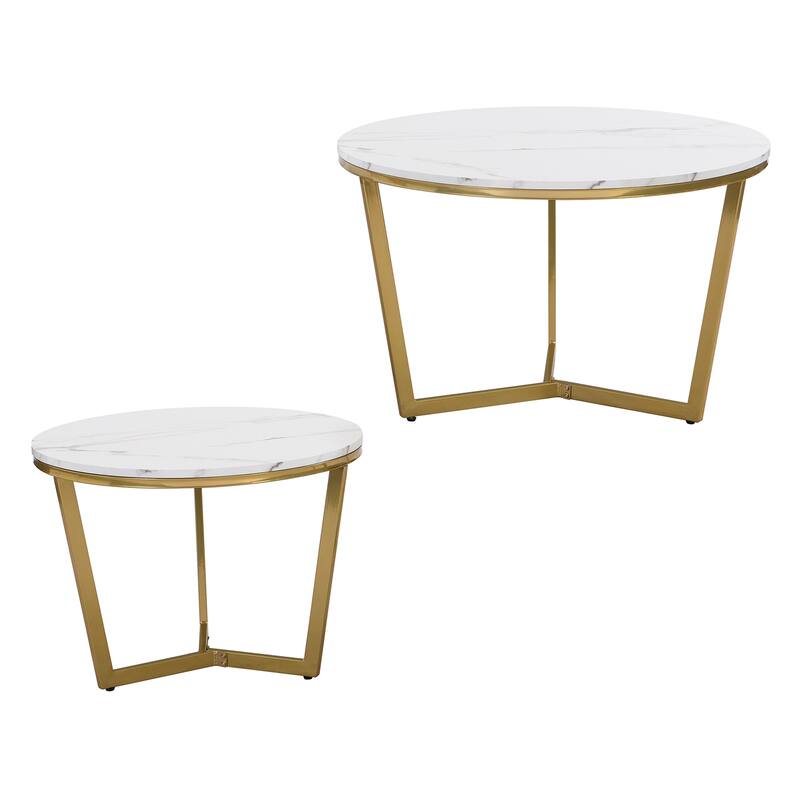 Round Nesting Coffee Table Set 2-Piece White & Marbling Top Gold Base