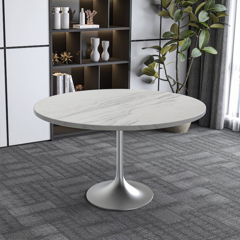 LeisureMod Verve Round Dining Table with Resin TableTop and Brushed Chrome Base for Kitchen & Dining Room