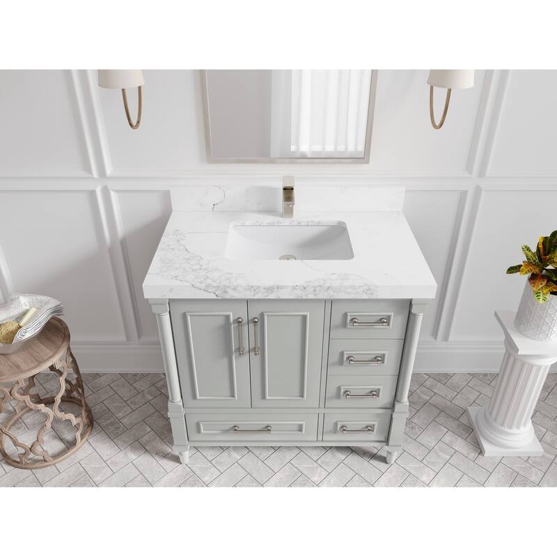 Willow Collections 36 in. W x 22 in. D Aberdeen Center Sink Left Bathroom Vanity with Countertop - 2" Calacatta Nuvo - Coventry Gray