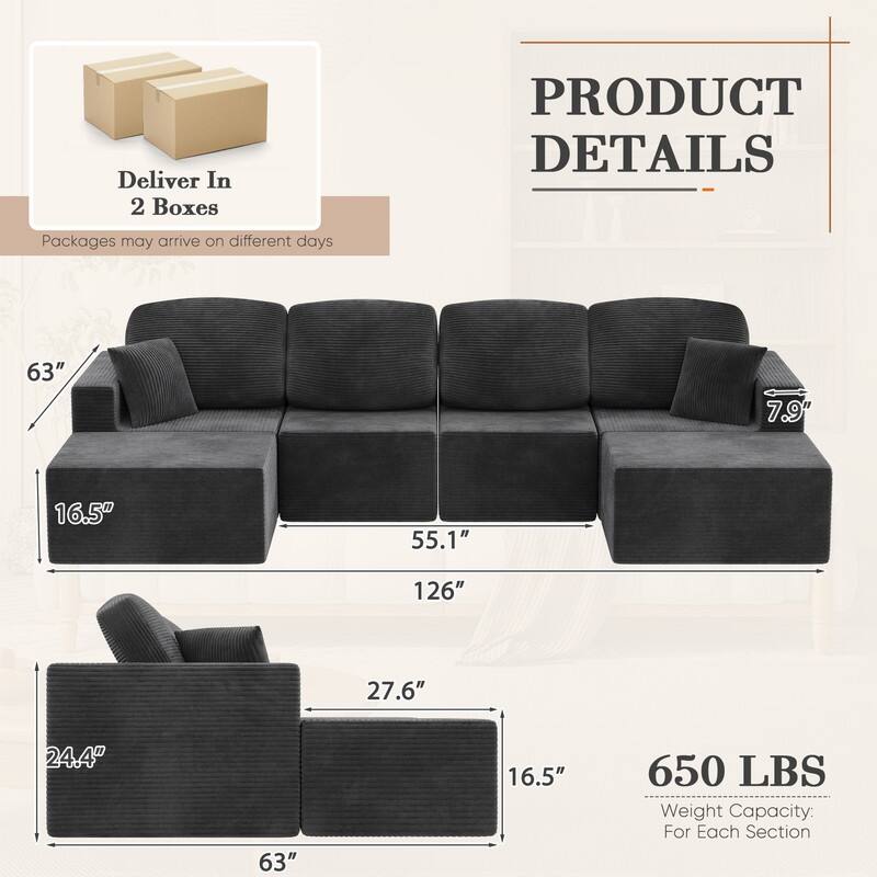 126" Modular Sectional Sofa, U Shaped Cloud Couches for Living Room, Upholstered Boneless Couch with Ottoman