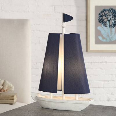StyleCraft Maritine Moulded Sail Boat Table Lamp with Two U shaped Blue Sail Shades