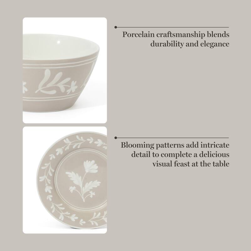 Martha Stewart Maiden Crown 12-Piece Dinnerware Set - Vegan Bone China Ceramic Plates & Bowls - Floral Design - Service for 4