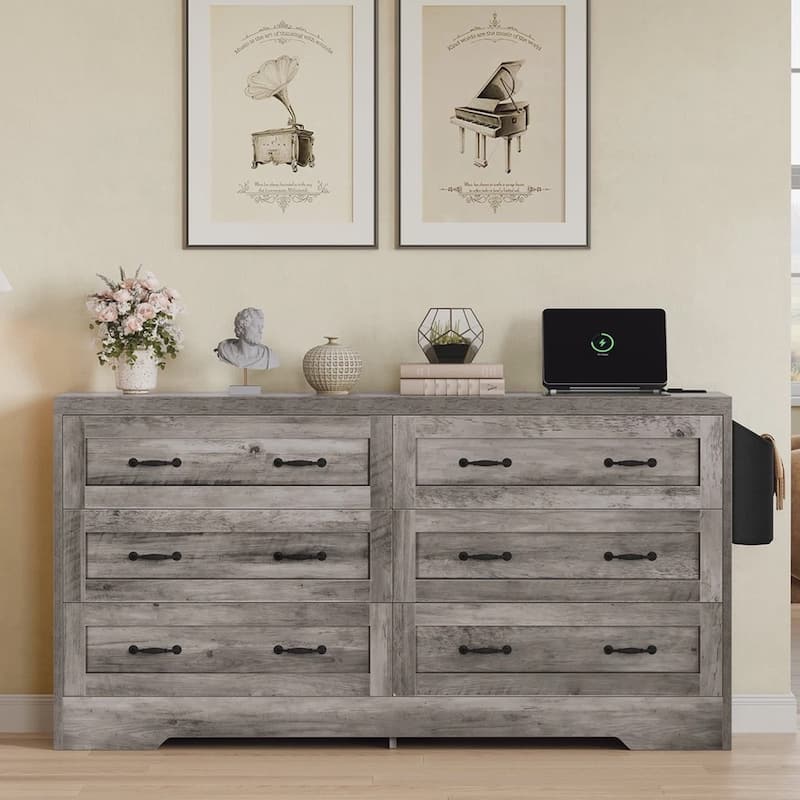 60 Inch Large 6 Drawers Storage Dresser TV Stand for 65" Grey - 58 inches