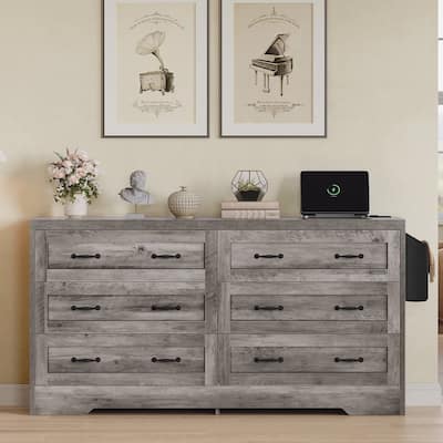 60 Inch Large 6 Drawers Storage Dresser TV Stand for 65" Grey - 58 inches