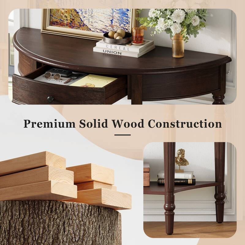 Farmhouse Half Moon Console Table with Drawer and Shelf, Rustic Solid Wood Entryway Sofa Table