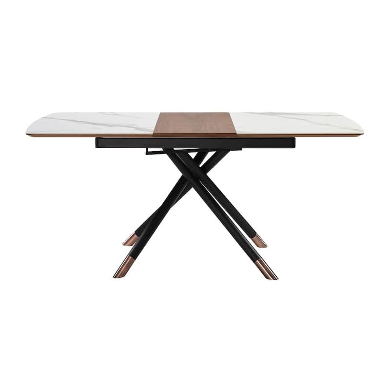 Alora 51" - 67" Extendable Dining Table with Light Gray Ceramic and Wood Top and Metal Legs