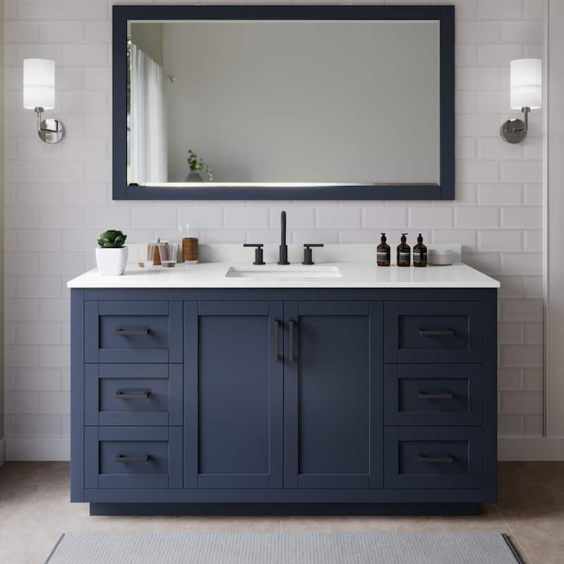 Wyndham Collection WCF292966S-QTZ-US3M58 Miranda 66" Free Standing - Dark Blue / White Quartz Top / Matte Black