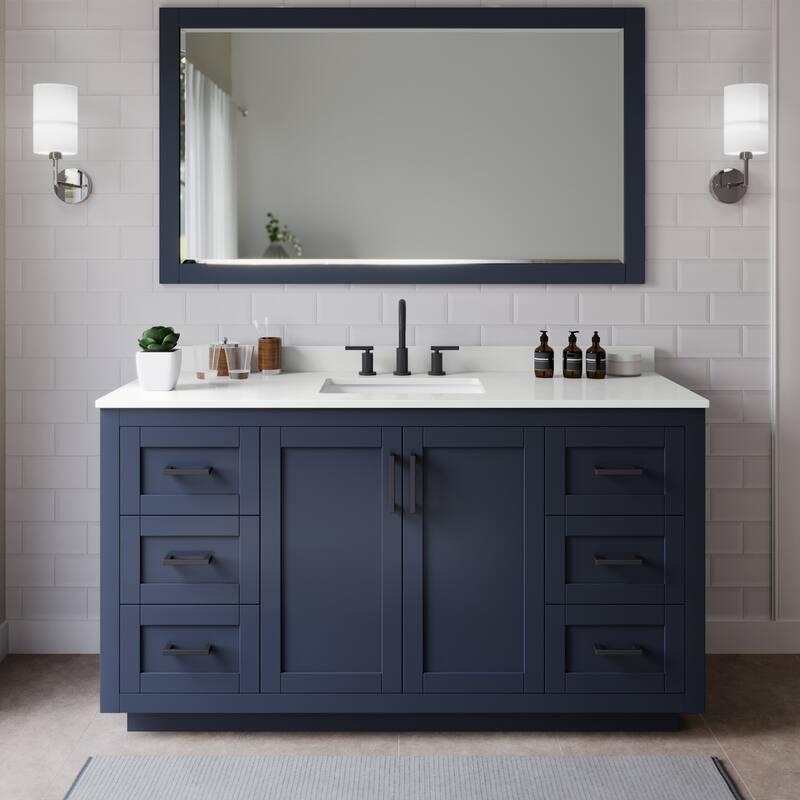 Wyndham Collection WCF292966S-QTZ-US3MXX Miranda 66" Free Standing - Dark Blue / White Quartz Top / Matte Black