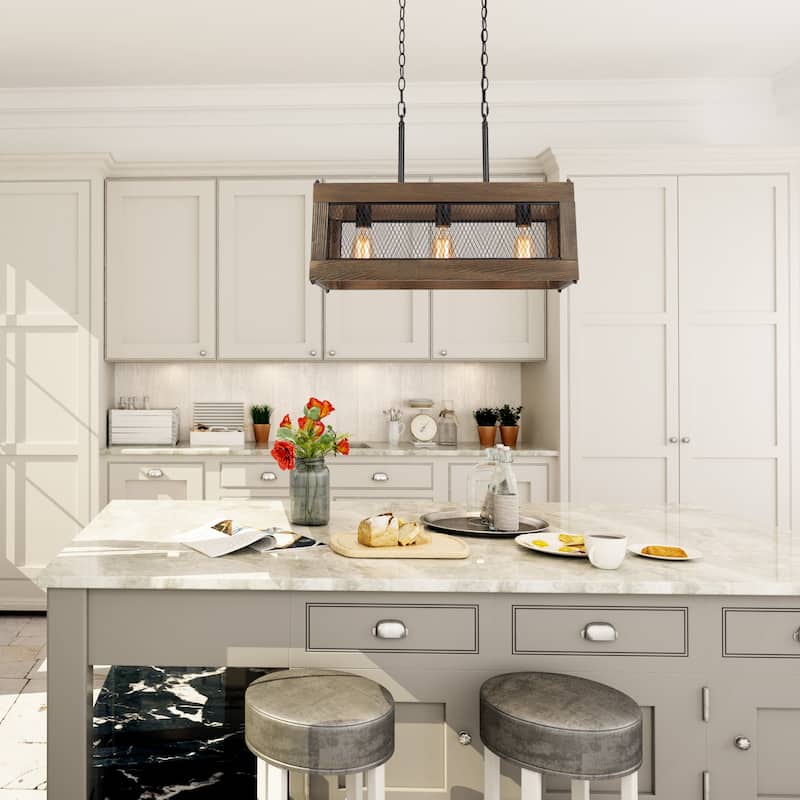 Farmhouse 3-Light Wood Linear Chandelier Rectangle Island Light - L23.5 ...