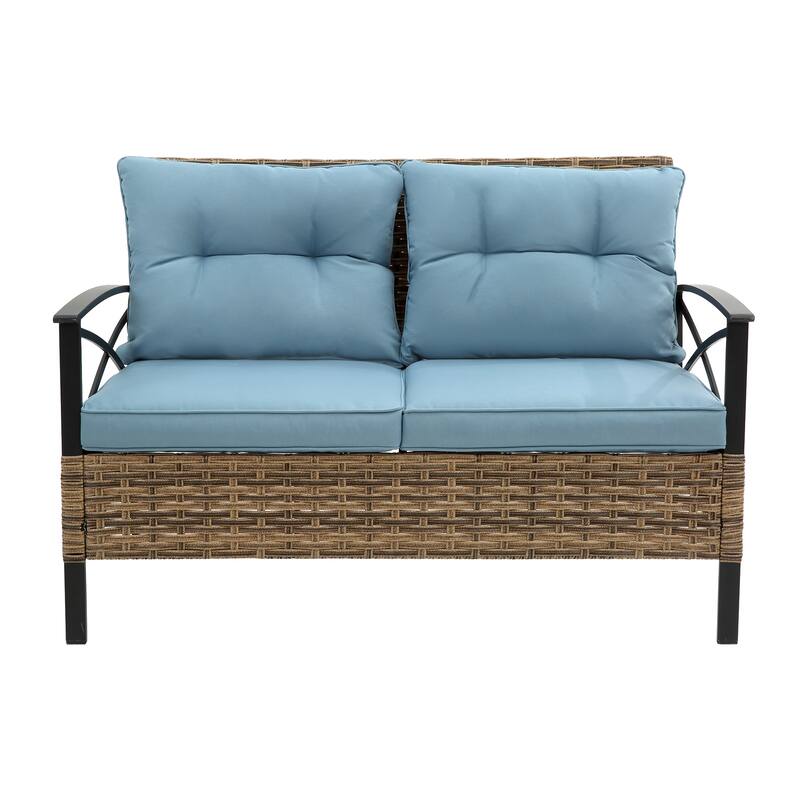 Patio 4 piece sectional low dining conversation sofa set- KD rattan wicker outdoor garden furniture corner sofa set with cushion