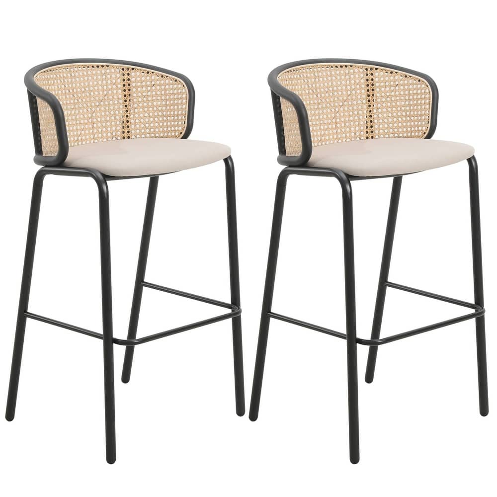 Ervilla Mid-Century Modern Low-Back Wicker Bar Stool and Black Powder-Coated Steel Frame for Kitchen and Dining (Set of 2) - 37"