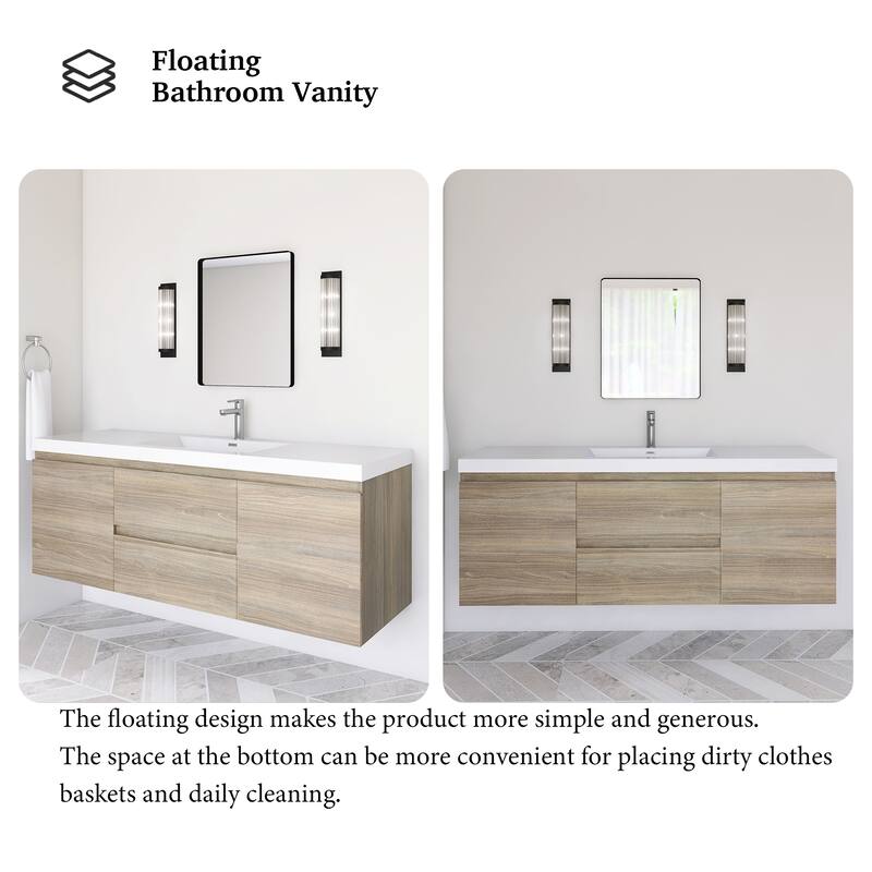 Modern Wall-Mounted Bathroom Vanity with White Solid Surface Top