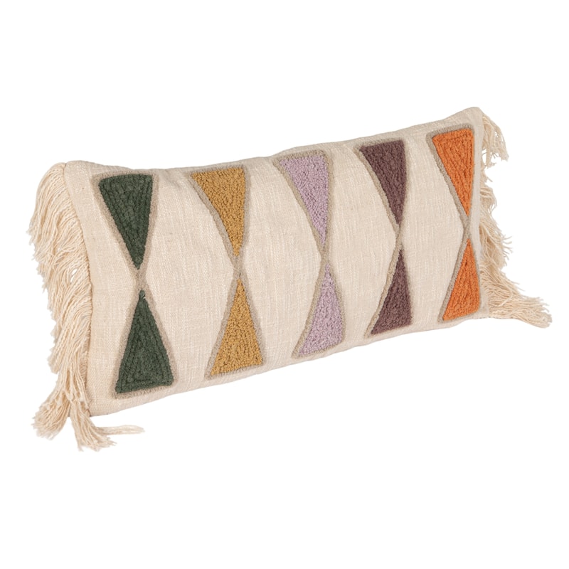 Cotton Lumbar Pillow with Embroidery and Fringe