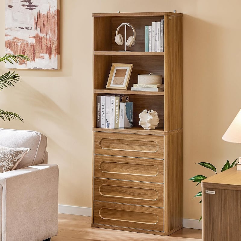 Bookcase with 4 Drawers 72.1" Tall Bookshelf with 3 Storage Shelves