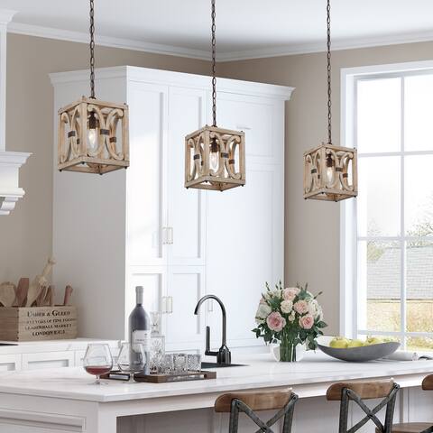 Woodly Farmhouse 1-Light Wood Cage Handcrafted Pendant Island Lights - D8" x H12"