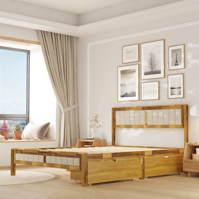 Queen Size Acacia Solid Wood Bed Fram Headboard/Drawer Platform Bed