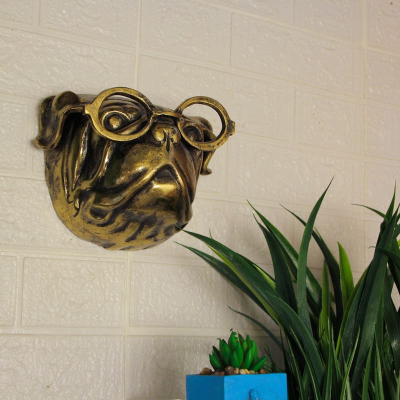 Gold Pug Dog Head Wall Decor With Spectacles 6" Cast Aluminum Wall