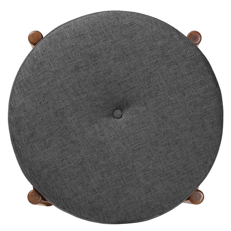 Iliana Japandi Dark Grey Fabric and Walnut Brown Finished Wood Ottoman Footstool