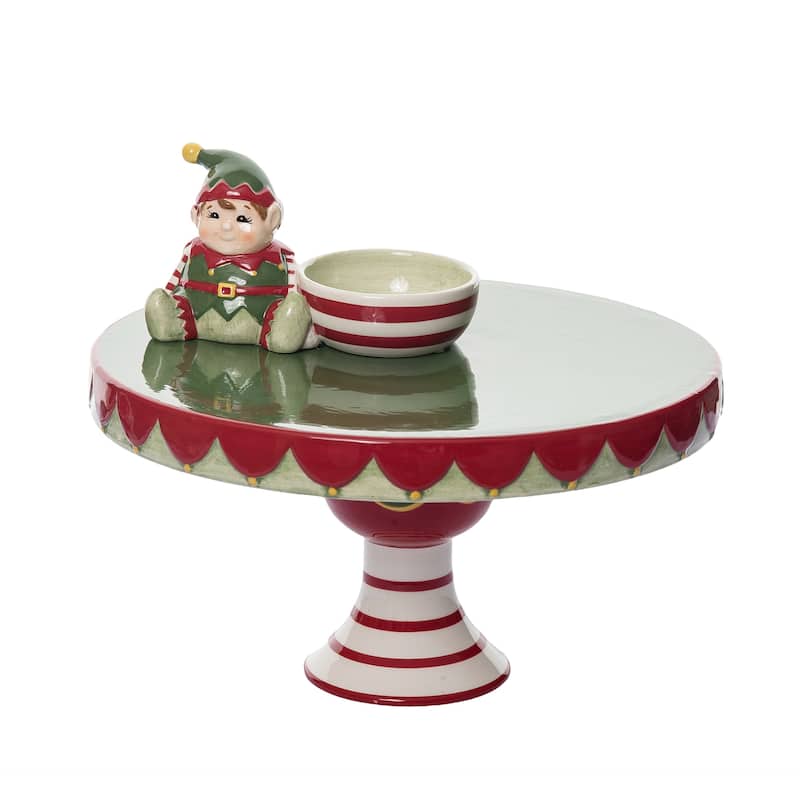 Transpac 12.25 in. Holiday Santas Elf Pedestal with Dip Bowl Set of 2