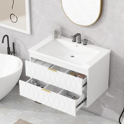 30" Bathroom Vanities Cabinet with Sink, Wall Mounted Floating Vanity with 2 Drawers, Soft Close System