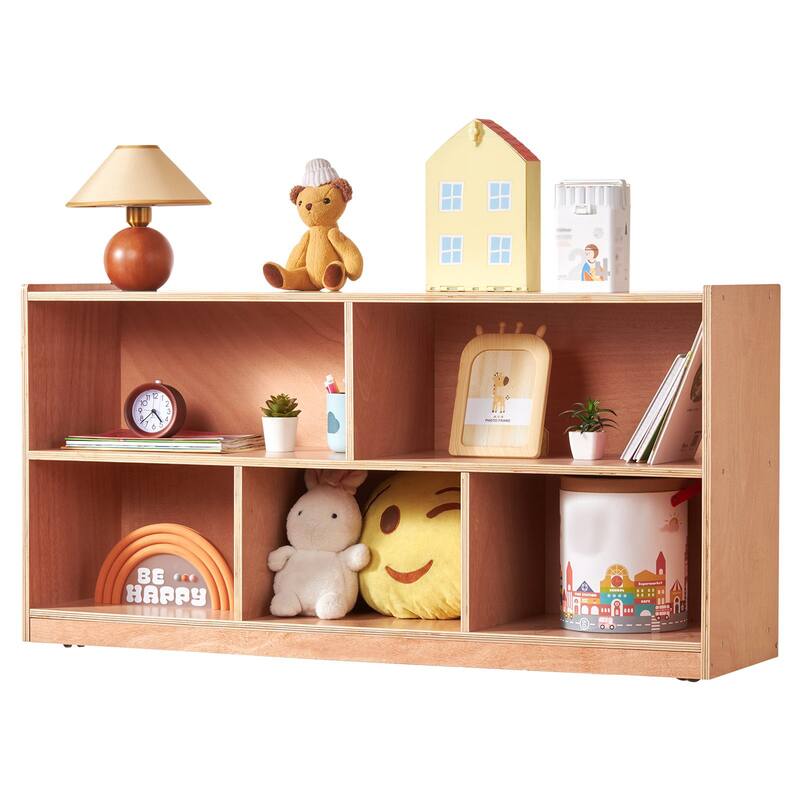 Natural Wooden 5-Compartment Cubby Storage Shelf Cabinet Perfect for Kids Room - 48” × 13” × 24”