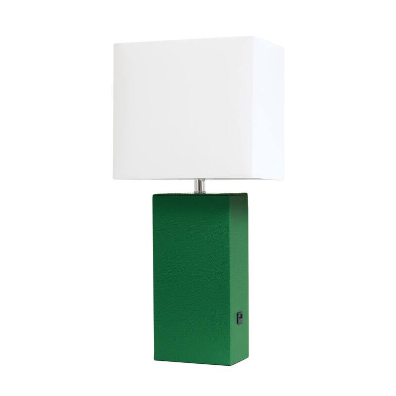 Modern Leather Table Lamp with USB and White Fabric Shade - Without Bulb - Green