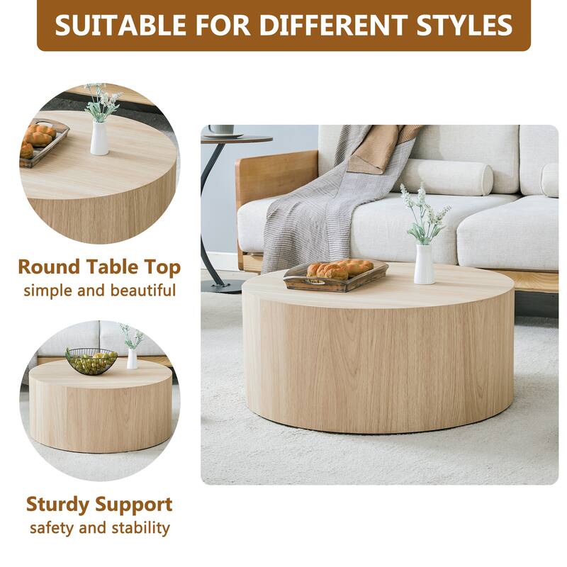 Round Wood Coffee Table 27.5" Solid Drum Side Table for Living Room, Modern Cylinder Cocktail Table for Home Office